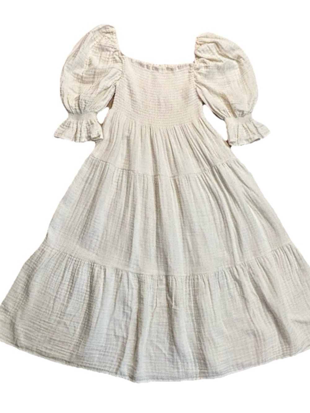 Nothing Fits But Cream Midi Dress L White Cotton Smocked Puff Sleeve Cottagecore - Picture 2 of 9